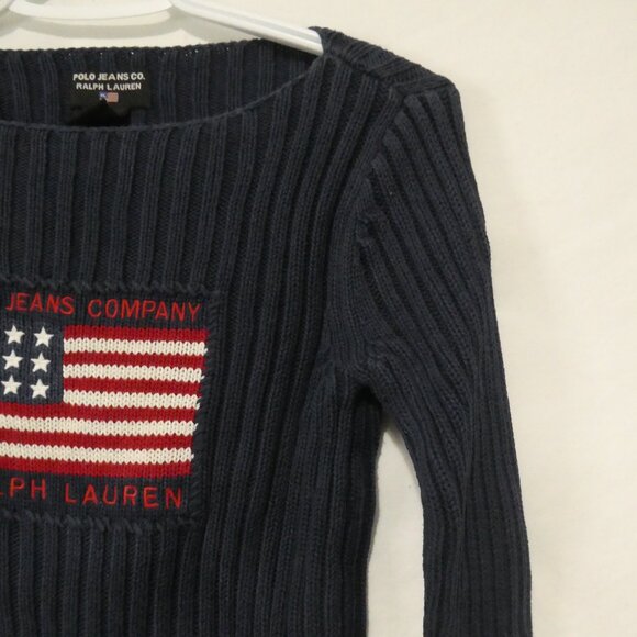 VTG POLO JEANS CO. Ralph Lauren | small | Navy Ribbed Patriotic USA Flag Sweater - Picture 5 of 16